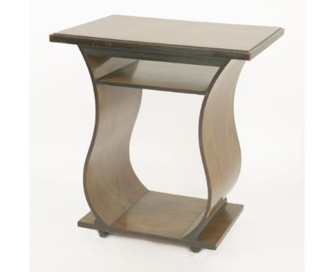 An Art Deco console table,with a quarter veneered top, shaped tulip stand, with a shelf on a plinth and ball feet,66cm wide51