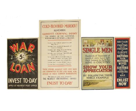 Three First World War Recruiting Posters,'Single Men', 'Cold Blooded Murder','Britain is Fighting For The Freedom', andanothe