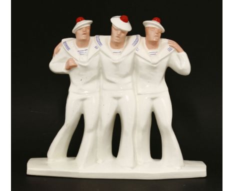 A ceramic group of three jolly sailors, signed 'Le Jan',29.5cm high