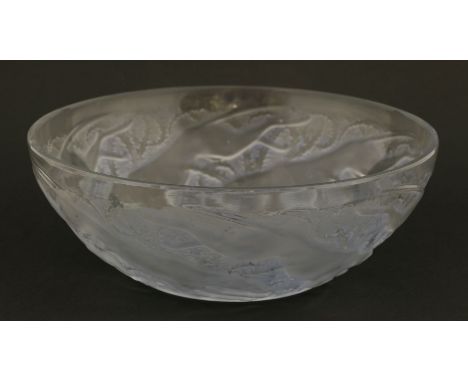 A Lalique 'Levrier' opalescent glass bowl, moulded with a band of greyhounds, centred with a circular leaf spiral, moulded 'R