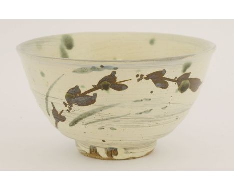 *Jim Malone (b.1946),a bowl, with a cream brushed slip ground, with iron details, impressed monogram,10.5cm high*Artist's Res