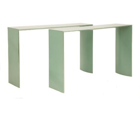 A pair of turquoise lacquered console tables,with metal edging,119.5cm wide30cm deep75cm high (2)