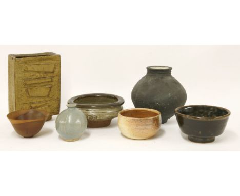 Six studio ceramic bowls and vases, anda turned yew wood bowl,largest 22cm  (7)