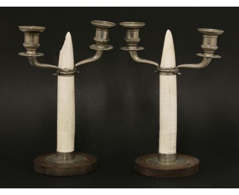 A pair of Christian Dior faux tusk and silver plated twin branch candelabra,c.1970, 25cm high (2)