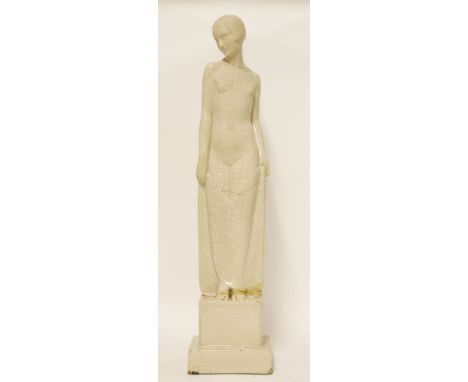 A pottery figure of a lady standing on a plinth,after Pierre Le Faguays, inscribed to the plinth ' Le Faguays' and 'Evolution