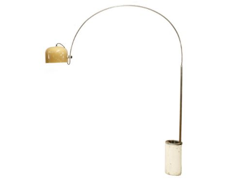 A large chrome 'Arc' lamp,1970s, with a mauve shade, 235cm high