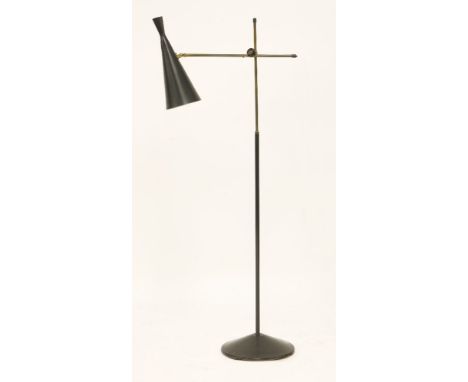 A 'Maclamp' brass and black enamelled standard lamp,by G A Scott,130cm high approximately