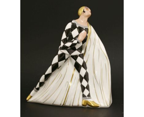 A Limoges porcelain table lamp base,modelled as an harlequin, printed marks,26.5cm high