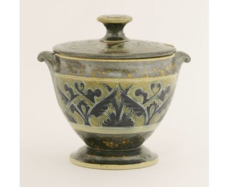 An R W Martin stoneware sucrier and cover,1881, the flat cover over a squat ovoid base, the knob incised 'Via et Vita', the c