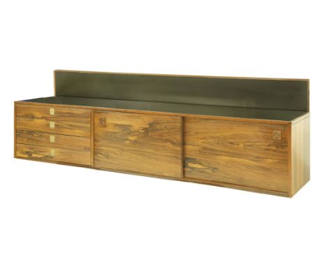 A rosewood long wall-mounted sideboard,  §1960s, designed by Robert Heritage for Archie Shine, with a vinyl top over drawers 