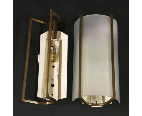 A pair of Italian wall lights,mounted with a frosted and curved shade, fitted on a brass bracket, one shade missing,11cm wide