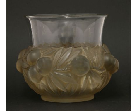 A Lalique 'Prunes' glass vase,with a brown mottled finish, stencilled 'R LALIQUE, FRANCE',17.5cm high