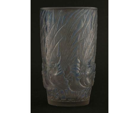 A Lalique clear and blue opalescent 'Coqs et Plumes' vase,designed in 1928, No. 1033, etched 'R Lalique, France',15.5cm high