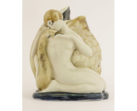 An Art Deco porcelain table lamp, in the form of a kneeling nude with a swan,17cm high