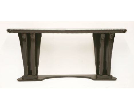 An Italian ebonised console table,with a two-part green marble top, raised on a scrolled stand,193cm wide31cm deep86.5cm high