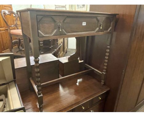 Oak bobbin leg side table, walnut drop side pedestal cabinet and mahogany telephone table (3).