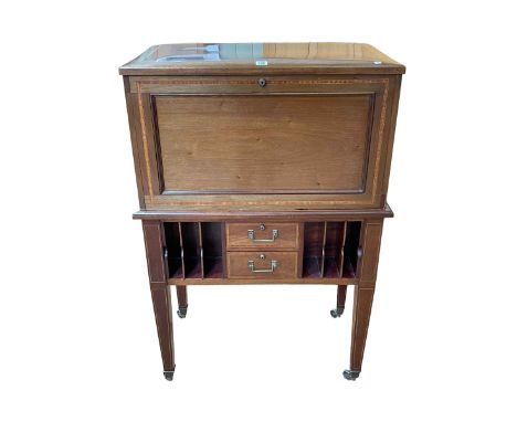 Good Edwardian mahogany and line inlaid secretaire having hinged lid and fall front enclosing a well fitted series of drawers