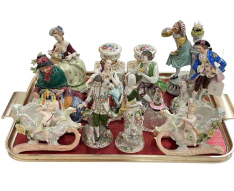Royal Doulton Silks & Ribbons and collection of Continental figures, pair of floral decorated canisters and silver enamel col