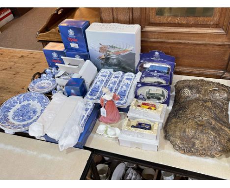 Collection of Spode blue and white china including door finger plates, Dartington glass bowl, Coalport figure, pottery torso,