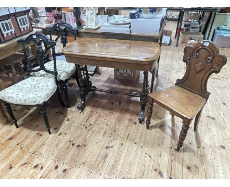 Victorian walnut fold top card table, pair Victorian ebonised parlour chairs and Victorian mahogany hall chair (4).