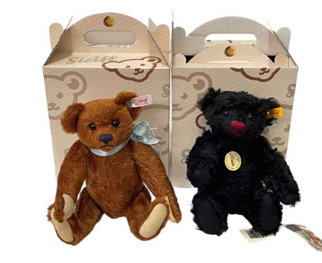 Two Steiff Classic teddy bears, beige and black, both with boxes.