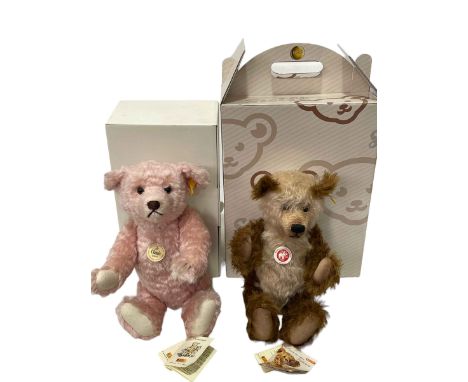 Two Steiff Classic teddy bears, cappuccino and pink, both with boxes.