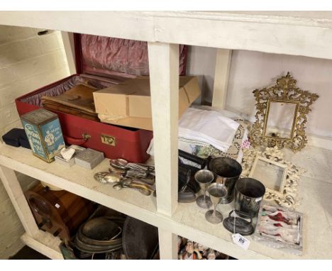 Collection of silver plated wares, trunk, linens, picture frames, etc.