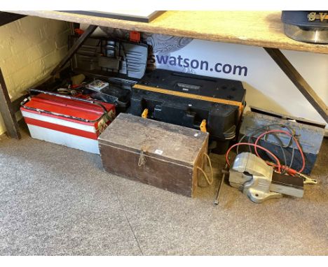 Five tool boxes and tools, and bench vice.