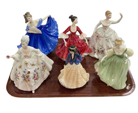 Five Royal Doulton figurines including Fair Lady and Diana, and Royal Worcester 'Annabel'.