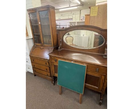 1920's/30's oak bureau bookcase, oak mirror backed sideboard and folding card table (3).