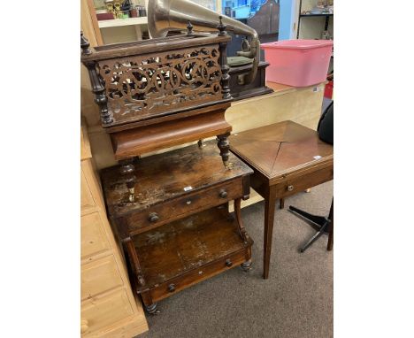 Victorian rosewood three division Canterbury, Victorian rosewood two drawer side table and Edwardian mahogany envelope card t