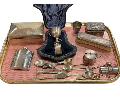 Collection of silver including cigarette box, embossed decorated box, cased egg cup and napkin ring, cutlery, etc and pewter 