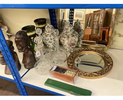 Brass mirrored firescreen, gilt convex mirror, two pairs of vases, three glass decanters, pair of Zambian carved wood tribal 