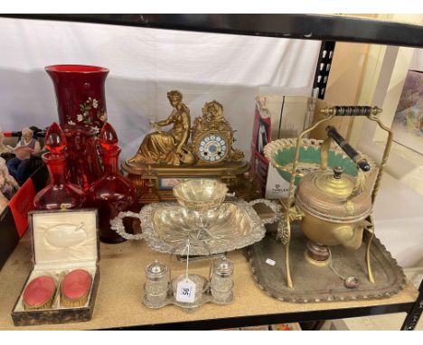 Continental gilt and enamel mantel clock, comport, coloured glass, enamel brushes, metalwares, stamps etc.
