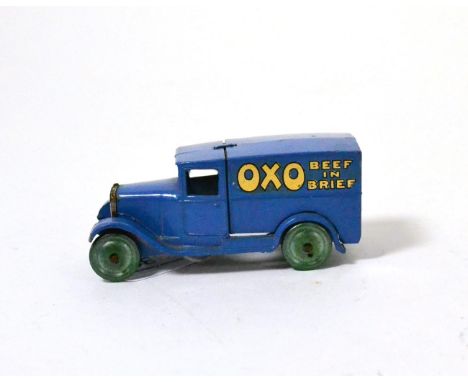 Dinky 28d Ist Type Delivery Van OXO blue, with Beef in Brief and Beef At Its Best decals, metallic green wheels (overall G-E,