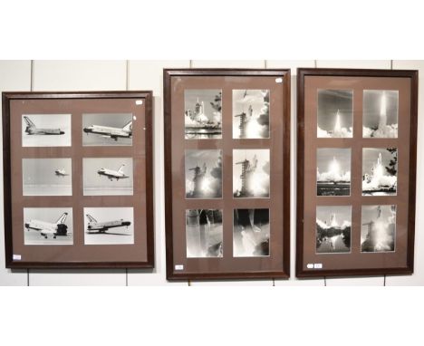 Space Shuttle Columbia Photographs  a series of 18 b/w photographs, displayed in three glazed frames, and showing the launch,