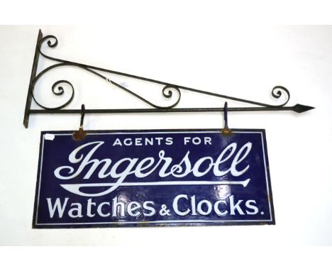 Enamel Advertising Swing Sign 'Agents For Ingersoll, Watches & Clocks' white lettering on blue ground, double sided, with ori