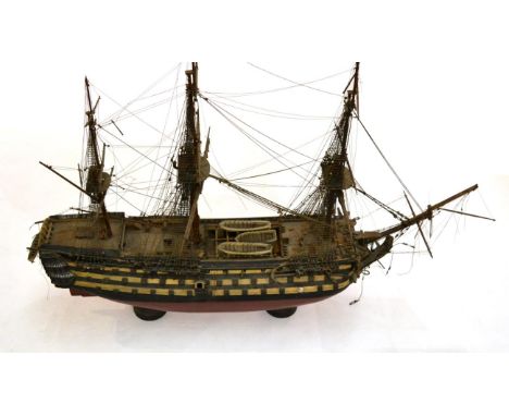 Model Boats a cased model of the Queen Elizabeth 32'', 81cm, a wooden model of HMS Victory (with blueprints) a Mamod TE1A Tra