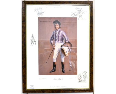 Lester Piggott Signed Print by Neil Cawthorne 1988; together with three shooting prints: Snipe Shooting, Woodcock Shooting an