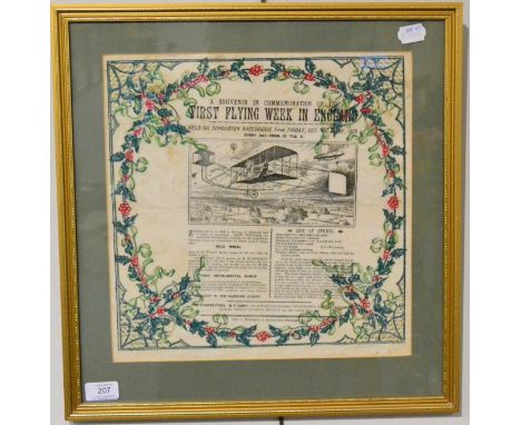 Early Aviation A Commemorative Serviette For The First Flying Week In England held on Doncaster Racecourse Fri Oct 15 to 23 1