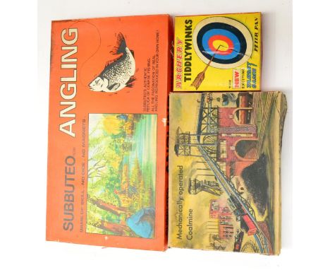 Subbuteo Angling Set (G, appears largely complete, box G-F) together with Technofix Mechanically Operated Coalmine (G-E box G