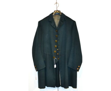 A Black Silk Hunting Coat and Waistcoat, with full complement of nineteen brass buttons by Firmin & Sons depicting a seated d