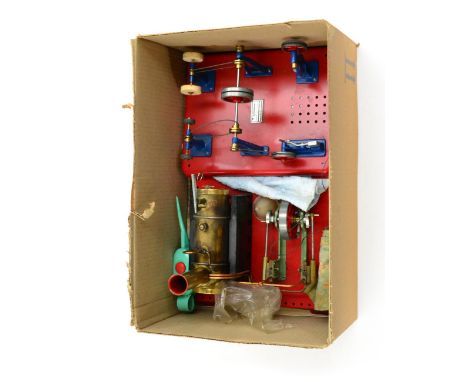 Mamod Stationary Steam Engine on red base with line shaft and three accessories on another base (2)      