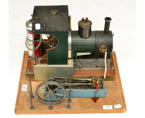 Live Steam Stationary Engine with wood lagged boiler with cab in the form of a locomotive, connected to a single fixed horizo