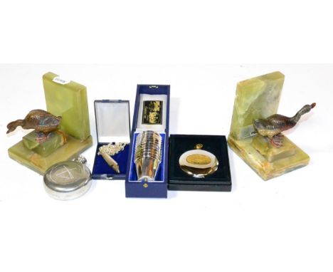 Sporting and Hunting Memorabilia, comprising a pair of onyx bookends set with cold painted ducks, a James Purdey silver whist