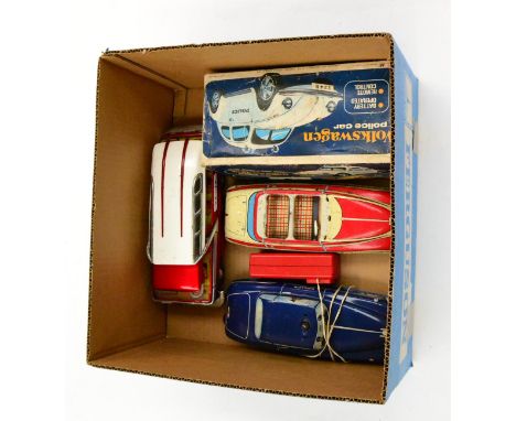 Mettoy Battery Operated Remote Control Police Car (G, lacks lamp cover to roof) a similar Open tourer (F, lacks windscreen) H