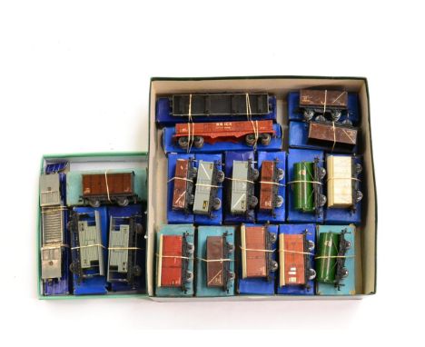 Hornby Dublo 3-Rail Wagons including SR Meat van, two Power Ethyl white hand, two B R(M) brake vans, NE Horse box, High capac