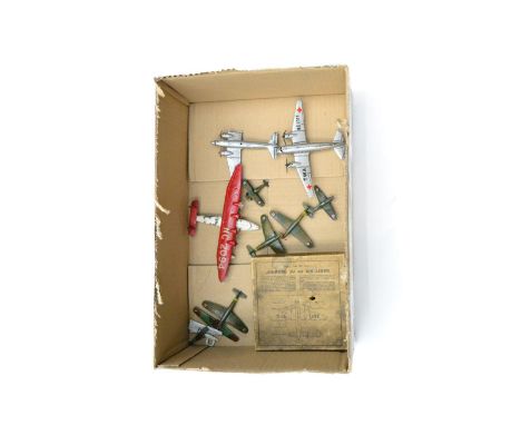 Dinky (Pre-War) Aircraft 62n Junker Ju90 Air Liner (repainted, box F), five camouflaged models (three Fairy Battles, Hurrican