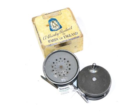 Two Hardy Alloy 'Perfect' Fly Reels, sizes 3 3/8in and 3 5/8in, both with black handles and grey enamel finish, one boxed    