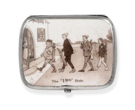 Silver Cigarette Case With Enamel '19th Hole' Illustration To Lid the image is a monochrome caricature of four figures leavin
